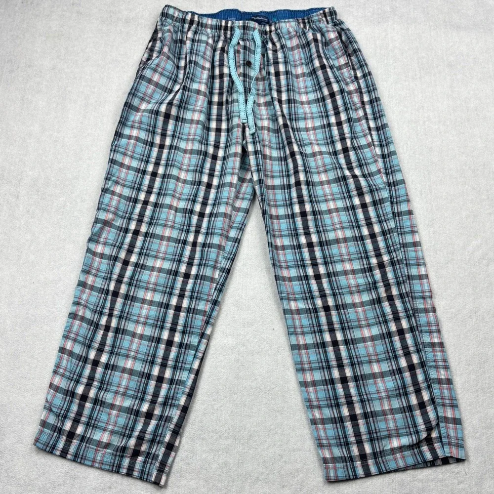 Tommy Bahama Pants Mens Large Blue Pink Plaid Cotton Pajama Sleep Lounge Pants L